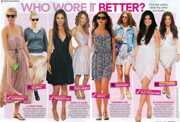 A common example of a "who wore it better" spread from a tabloid glossy.
