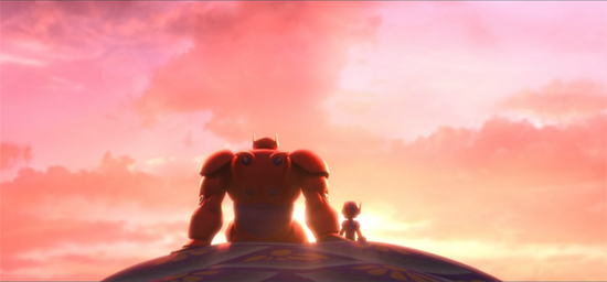 Hiro and his armored robot stare out at the sunset.