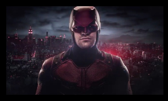 A glum Daredevil stands in front of a red-tinged New York skyline.