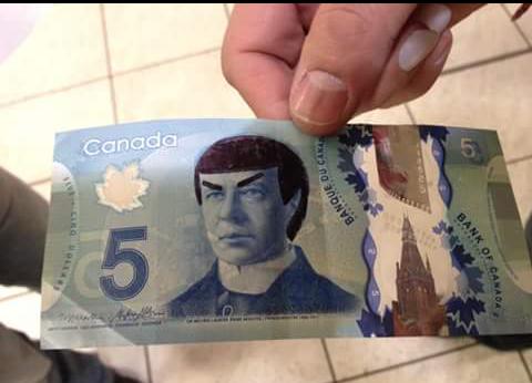 A Canadian $5 bill is colored in so that the figure on the back looks like Spock.