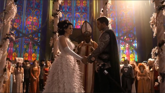 Snow White at her wedding, within a massive, stained-glass, fairy-tale cathedral.