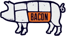 An image of a pig's body divided up by cut lines from the restaurant Bacon.