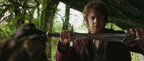 Bilbo looks at his dagger, Sting, in the recent film adaptation of The Hobbit.
