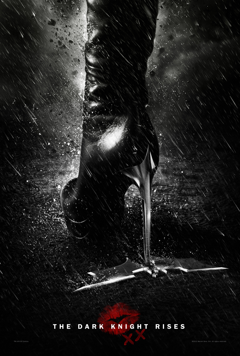 Movie poster of Catwoman's high stiletto heel stomping on one of Batman's throwing knives