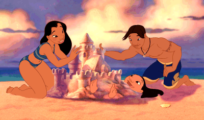 Scene from Disney's Lilo and Stitch. David, Nani and Lilo build a sand castle