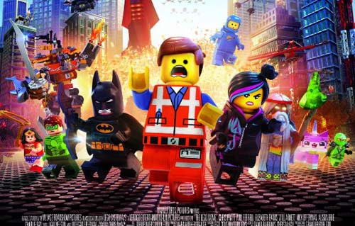 LEGO characters flee an explosion in an image from the LEGO Movie Poster
