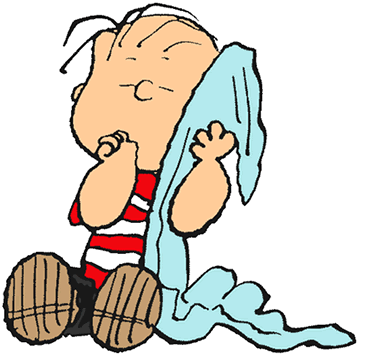 Peanuts character Linus sucking his thumb, with eyes closed, holding a light blue security blanket.
