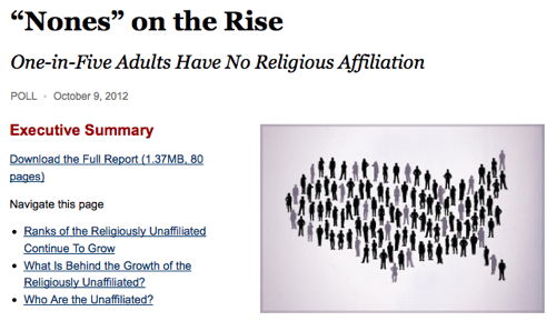 Screenshot of article on the Pew Forum website. The screenshot includes the article's title "'Nones' on the Rise," links to related studies/articles, and a graphic on the right side of the page that shows a group of silhouettes standing in the shape of the United States. One in five of the figures is colored gray; the others are black. 