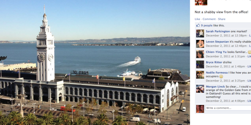 View from an highrise office building at One Market St, San Francisco. The view overlooks the SF Ferry Building and Embarcadero.