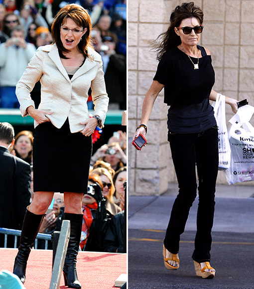 Sarah Palin during her political campaign (left) and last week in a shopping mall parking lot (right)