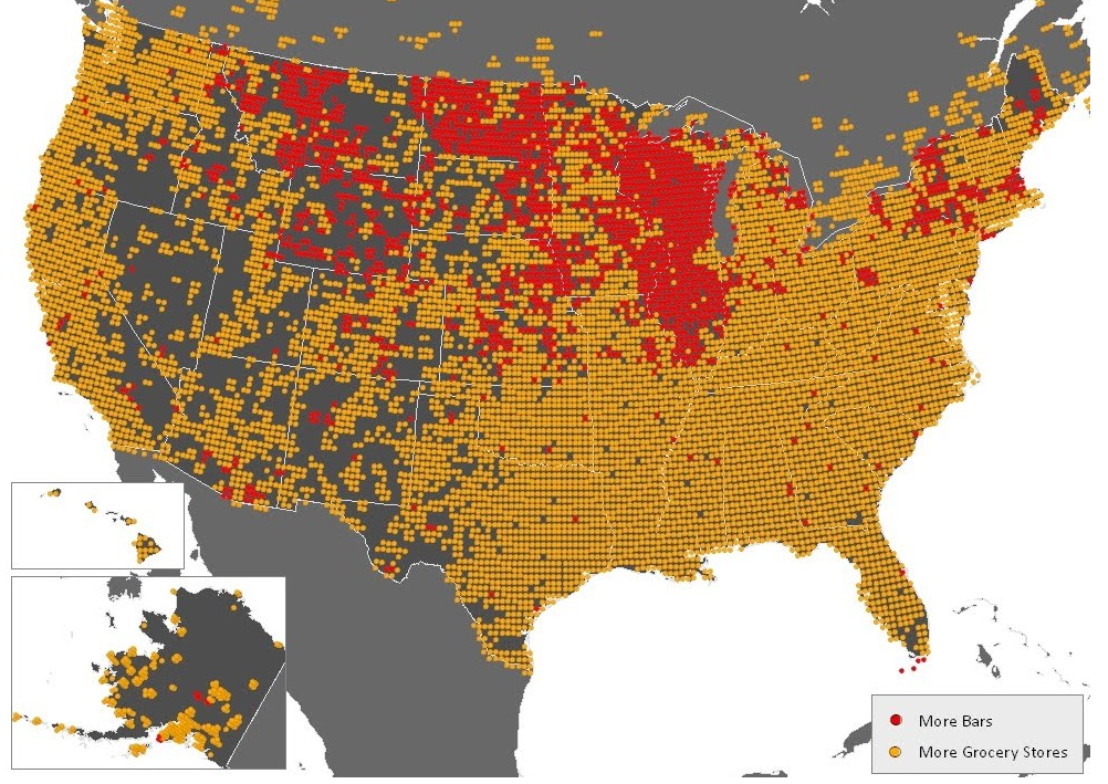 Map of Bars vs Grocery Stores