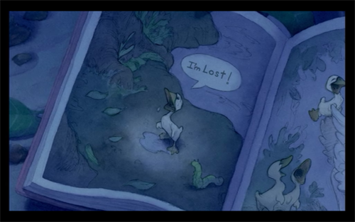 Stitch looks at a picture book, which shows a duckling crying out.