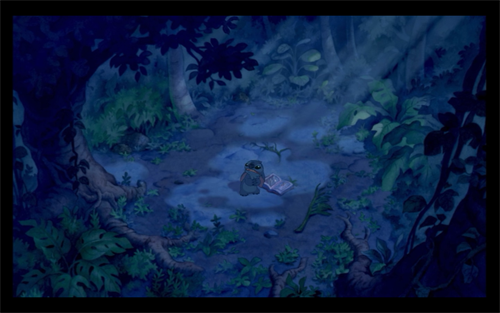 Stitch looks up in the woods and cries out