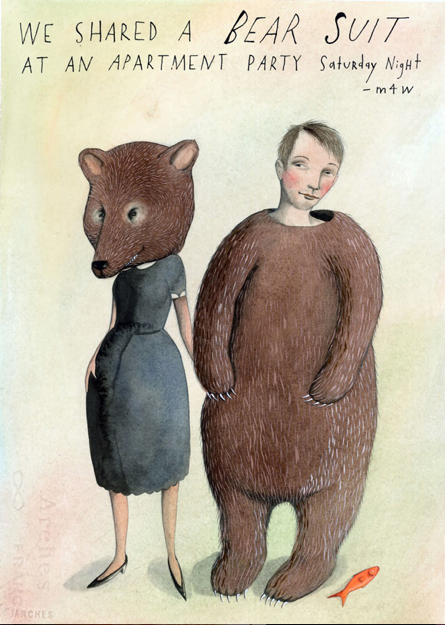 Sophie Blackall watercolor of a man and woman sharing a bear suit. The man is wearing the body part of the costume, while the woman is wearing the bear head.