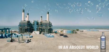 Absolut ad featuring a factory blowing bubbles not smoke