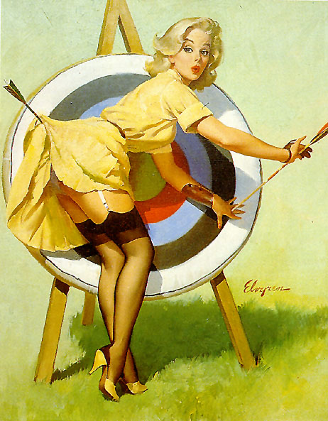 Gil Elvgren pin-up girl, posed in front of target