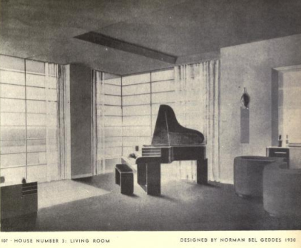 Image of interior from Norman Bel Geddes's Horizons; what is visible are a piano in the corner of a well-lit room with lots of full-length windows