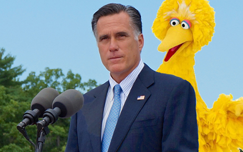 Big Bird stands behind Romney at an outdoor microphone