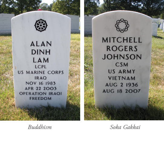 two headstones with non-Christian emblems