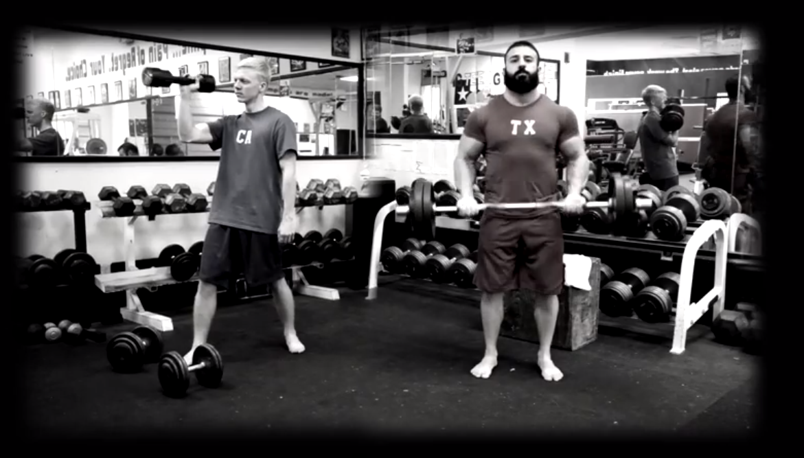 A still from the campaign video showing TX and CA lifting weights.