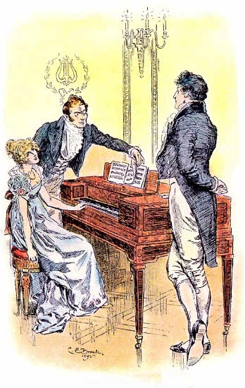 Darcy and Colonel Fitzwilliam talk with Elizabeth Bennet as she plays the piano.