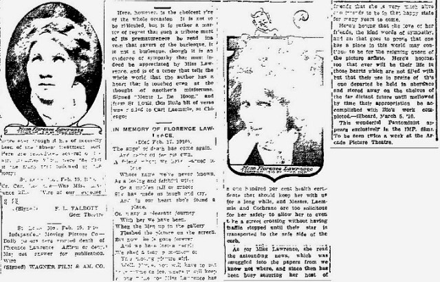 News clippings from the faked death of Florence Lawrence, Biograph Picture's first leading lady