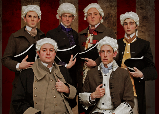 The Founding Fathers, as depicted by modern actors.  They are arranged in two rows; standing from left are John Adams, Alexander Hamilton, Thomas Jefferson, and James Madison; seated in front are George Washington and Benjamin Franklin.  They are posed before a background resembling the red and white stripes of an American flag; all are wearing eighteenth-century costumes.