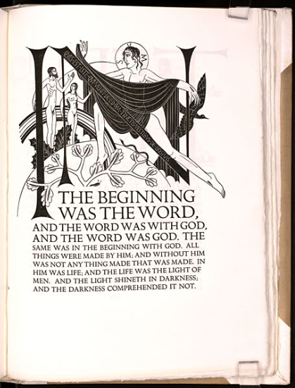 This image shows the opening to John 1 in Gill's Four Gospels; the "In" that heads the page has Adam and Even standing naked in Eden as the Virgin Mary leaps over the N