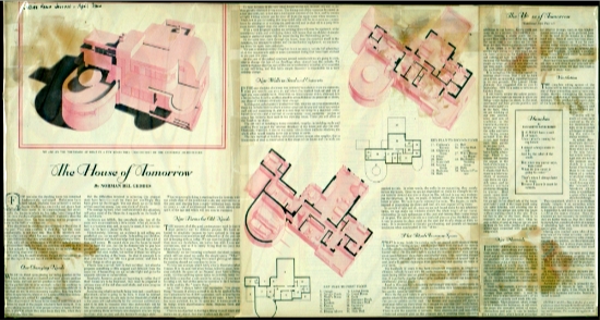 Image of the entire article, 'The House of Tomorrow,' by Norman Bel Geddes, which includes illustrations of his home designs.