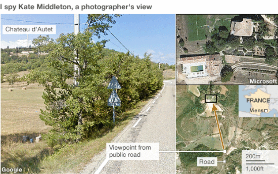 Picture that shows a Google View of the space on the public road from which the photographer took the topless photo of Kate Middleton; juxtaposed with overhead views of the road and the Chateau d'Autet