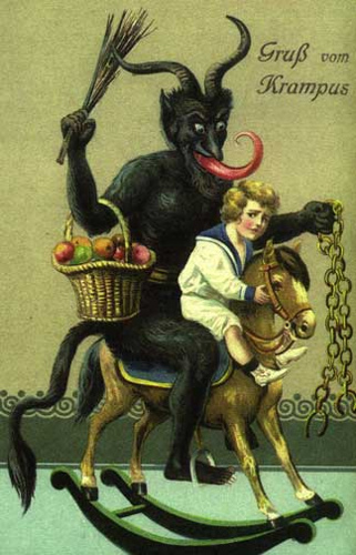 Demonic black fury Krampus sits behind horrified child on rocking horse; Krampus sticks out long ongue