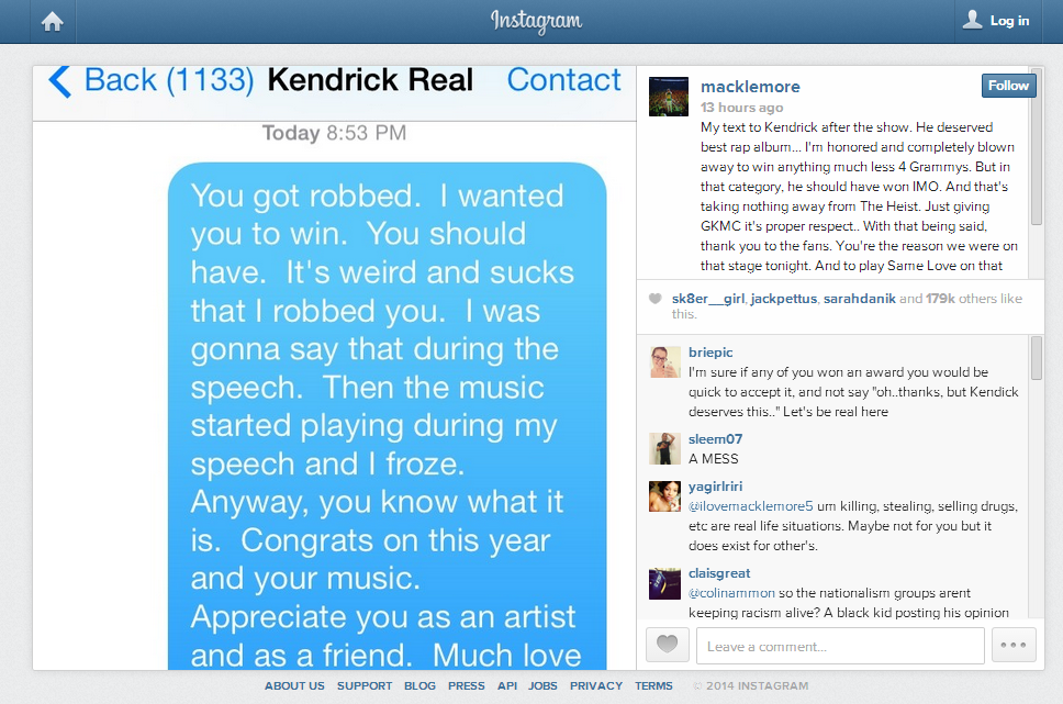 Macklemore sends props to Kendrick Lamar, on Instagram