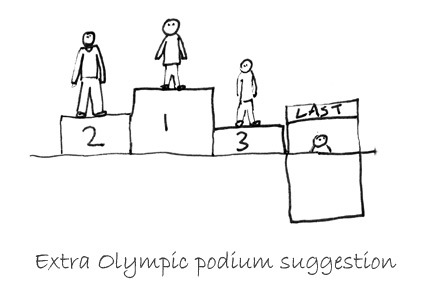 An artist illustrates a suggestion that the Olympic winners' podium include a spot for last place.