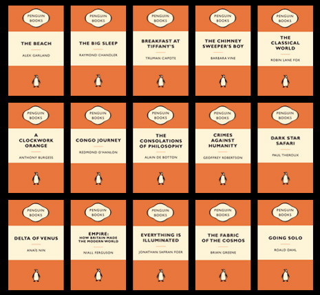 Image of Penguin paperbacks on a grid of five by three; included texts are Capote's Breakfast at Tiffany's and Burgress' A Clockwork Orange, among others.  All of the paperbackss are orange with a white band in the middle of the title, with the classic Penguin logo at the bottom of the book