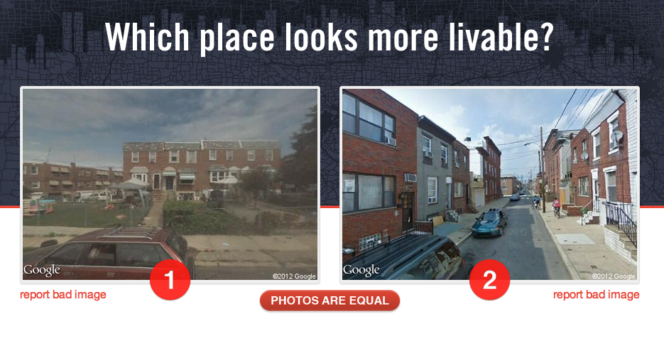 Place Pulse: Which place is more livable? question with two images of cities (one with fences, one without)