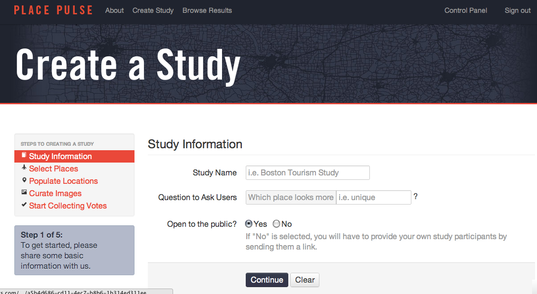 Place Pulse: Create a study page, with fields for asking a question