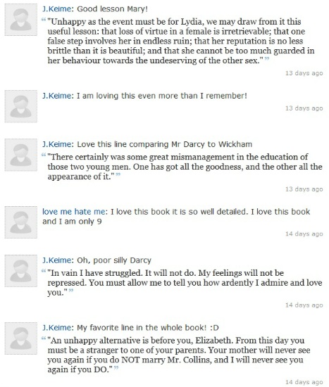 Screenshot of reader comments from Kindle edition of Pride and Prejudice