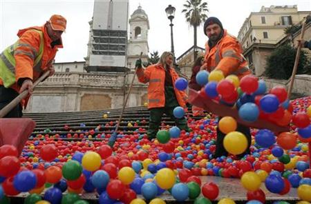 Plastic balls cascading down Rome's Spanish Steps