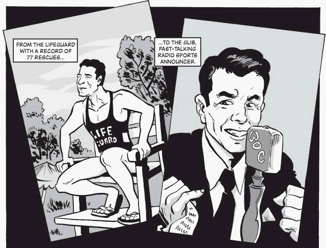 Ronald Reagan as lifeguard and sports announcer from Ronald Reagan: A Graphic biography