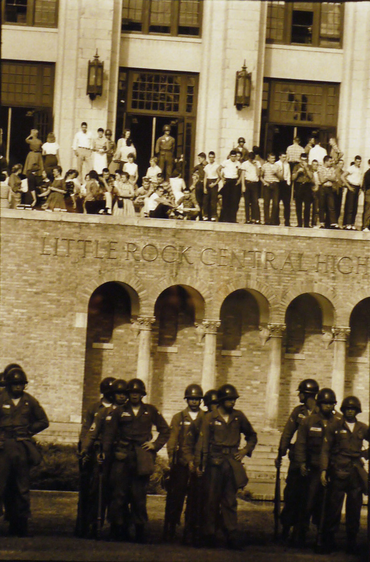 soldiers stand guard during the integration of Little Rock Central High School