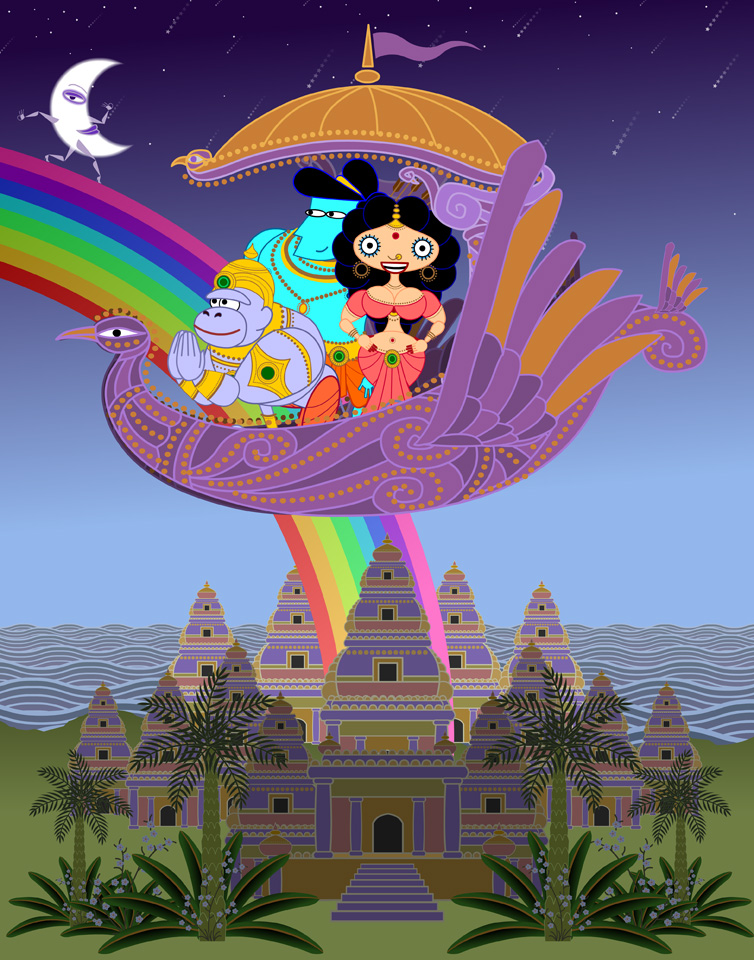 Still from Sita Sings the Blues featuring Sita, Rama, and Hanuman on the way to Pushpakha