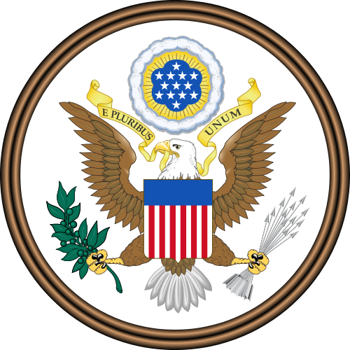 Great Seal of the US; Eagle behind small shield clutching arrows and olive branch; banner in mouth reads "E Pluribus Unum"
