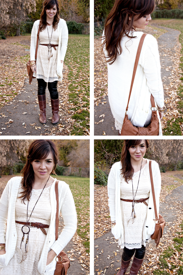 Wearing it on my Sleeves blogger models a white sweater dress, sweater, tights, and long brown boots.