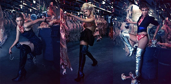Three photographs of models posing seductively surrounded by hanging sides of beef.  Each model is wearing at least one article of clothing made out of meat as well as thigh-high boots.  There is a meat necklace, meat panties, and a meat halter-top.
