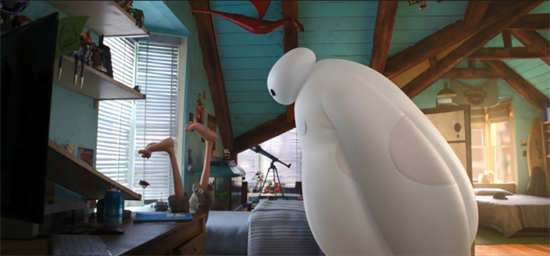 Baymax stoops awkwardly over Hiro.