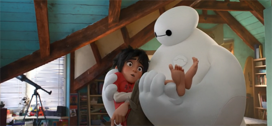 Baymax holds a somewhat panicked and struggling Hiro.