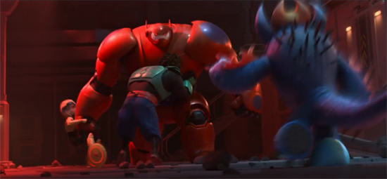 An angry, red-eyed Baymax assaults the film's protagonists.