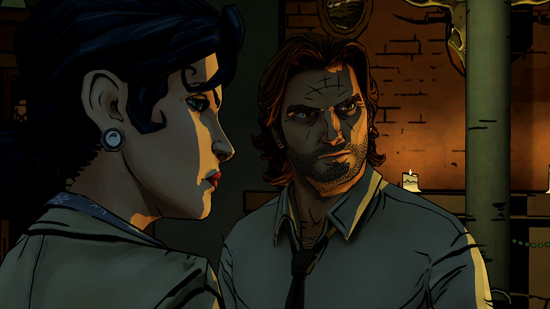 Snow White and Bigby look around a dark, candlelit room in a totally badass manner.