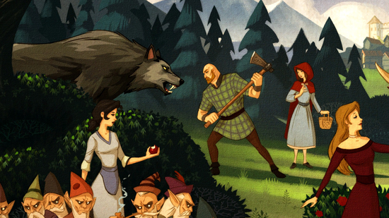 In the fairy-tale painting described below, Snow bites into an apple while the Big Bad Wolf charges the Woodsman, who shelters Little Red Riding Hood.